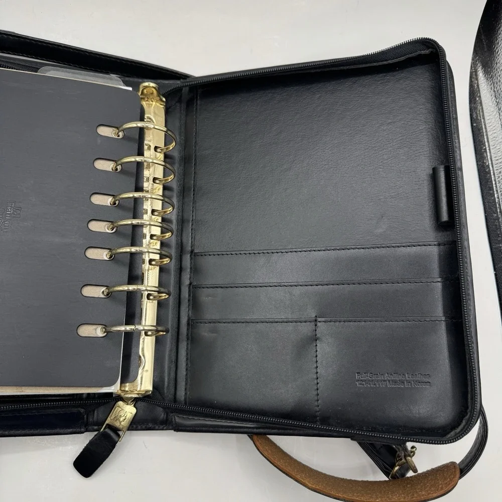 Franklin Quest Classic Planner Black Full Aniline Leather Zip Around Crossbody
